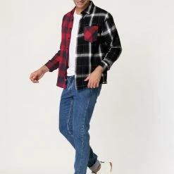 Allegra K Men's Plaid Shirt Color Block Patchwork Long Sleeves Checked Shirt Jacket