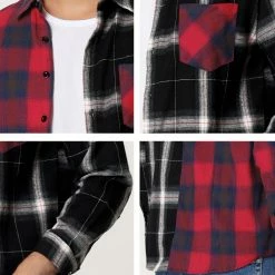 Allegra K Men's Plaid Shirt Color Block Patchwork Long Sleeves Checked Shirt Jacket