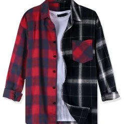 Allegra K Men's Plaid Shirt Color Block Patchwork Long Sleeves Checked Shirt Jacket