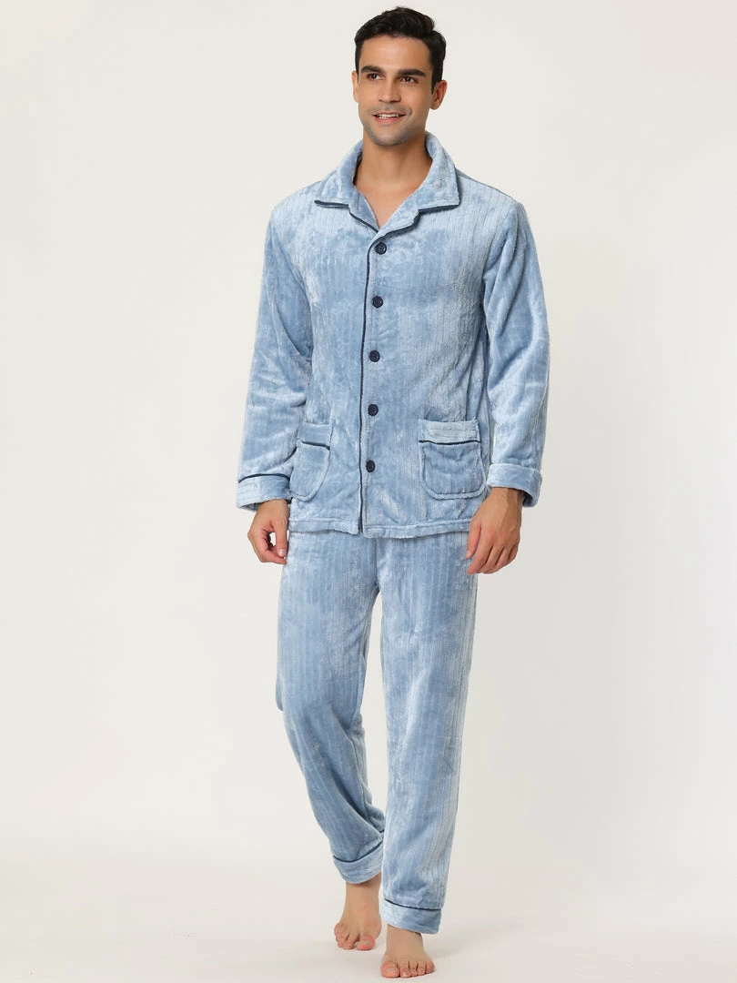 Allegra K Men's Fleeced Pajamas Sets Button Closure Camp Collar Long Sleeves Flannel Plush Nightwear Pjs 5 Allegra K Men's Fleeced Pajamas Sets Button Closure Camp Collar Long Sleeves Flannel Plush Nightwear Pjs