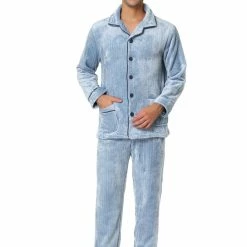 Allegra K Men's Fleeced Pajamas Sets Button Closure Camp Collar Long Sleeves Flannel Plush Nightwear Pjs