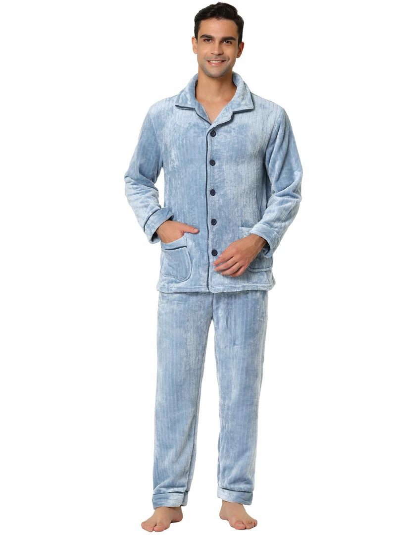 Allegra K Men's Fleeced Pajamas Sets Button Closure Camp Collar Long Sleeves Flannel Plush Nightwear Pjs 4 Allegra K Men's Fleeced Pajamas Sets Button Closure Camp Collar Long Sleeves Flannel Plush Nightwear Pjs