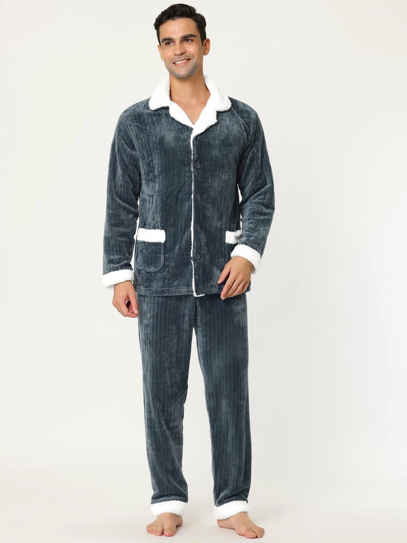 Allegra K Men's Fleeced Pajamas Sets Button Closure Camp Collar Long Sleeves Flannel Plush Nightwear Pjs 10 Allegra K Men's Fleeced Pajamas Sets Button Closure Camp Collar Long Sleeves Flannel Plush Nightwear Pjs