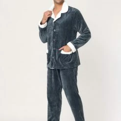 Allegra K Men's Fleeced Pajamas Sets Button Closure Camp Collar Long Sleeves Flannel Plush Nightwear Pjs 21 Allegra K Men's Fleeced Pajamas Sets Button Closure Camp Collar Long Sleeves Flannel Plush Nightwear Pjs