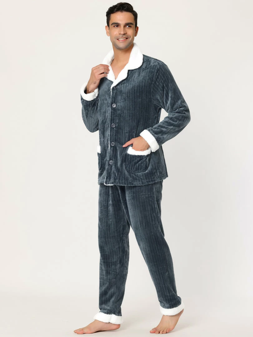 Allegra K Men's Fleeced Pajamas Sets Button Closure Camp Collar Long Sleeves Flannel Plush Nightwear Pjs 11 Allegra K Men's Fleeced Pajamas Sets Button Closure Camp Collar Long Sleeves Flannel Plush Nightwear Pjs