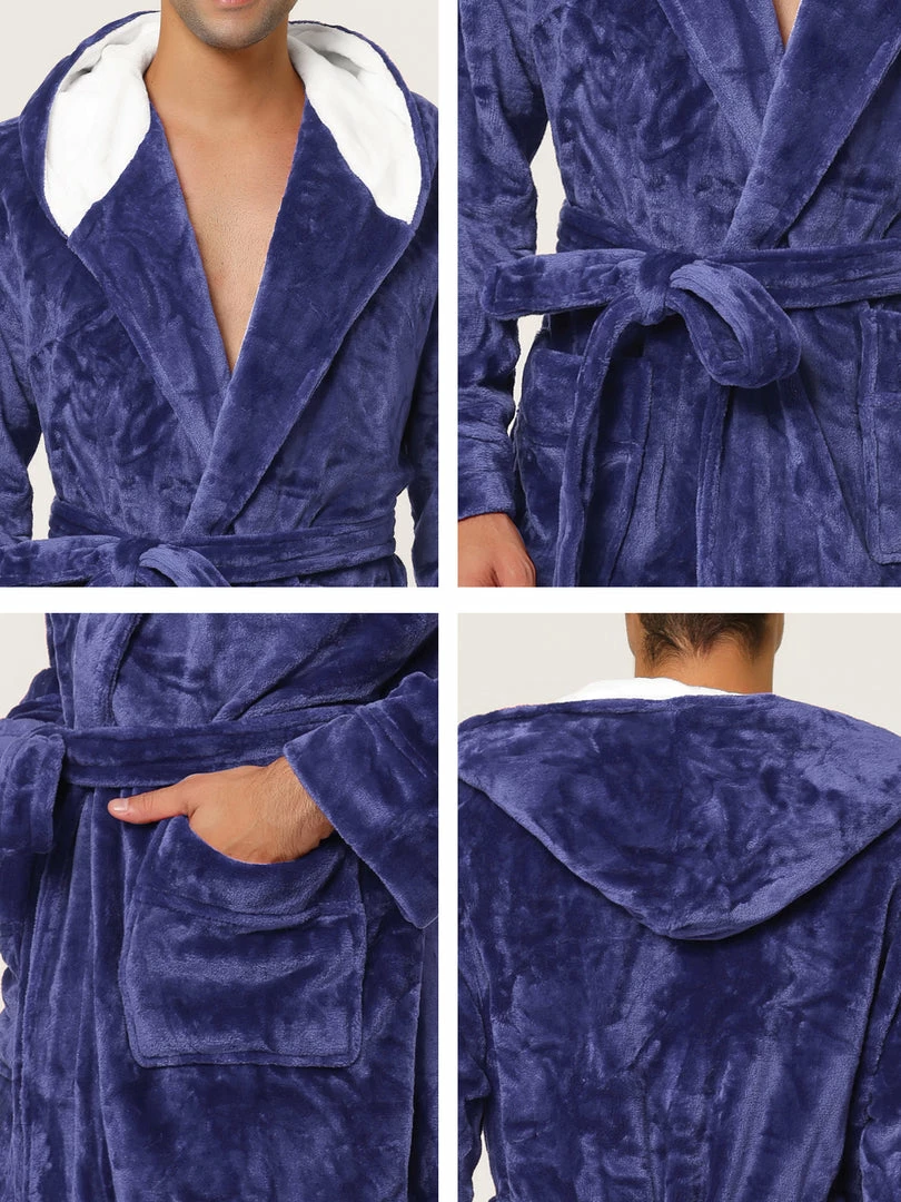 Allegra K Men's Hooded Robe Plush Full Length Contrast Long Bathrobe With Pockets 13 Allegra K Men's Hooded Robe Plush Full Length Contrast Long Bathrobe With Pockets