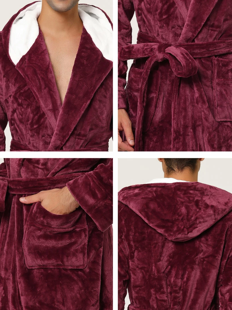 Allegra K Men's Hooded Robe Plush Full Length Contrast Long Bathrobe With Pockets 8 Allegra K Men's Hooded Robe Plush Full Length Contrast Long Bathrobe With Pockets