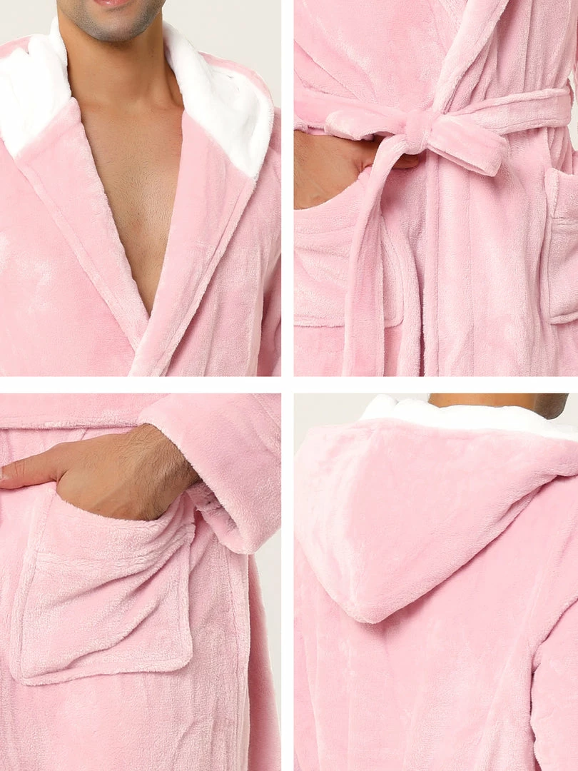 Allegra K Men's Hooded Robe Plush Full Length Contrast Long Bathrobe With Pockets 18 Allegra K Men's Hooded Robe Plush Full Length Contrast Long Bathrobe With Pockets