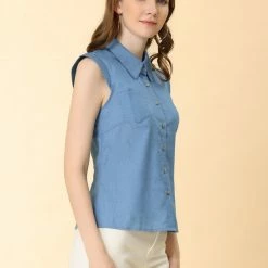 Allegra K Women's Button Down Sleeveless Shirts Solid Collar Office Work Chambray Shirt