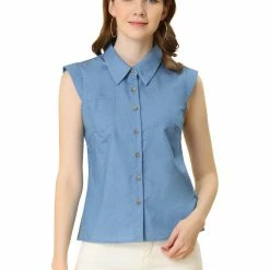 Allegra K Women's Button Down Sleeveless Shirts Solid Collar Office Work Chambray Shirt