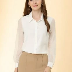 Allegra K Women's Work Office Shirt Textured Sheer Sleeve Button Down Chiffon Blouse 12 Allegra K Women's Work Office Shirt Textured Sheer Sleeve Button Down Chiffon Blouse