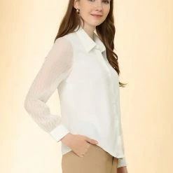 Allegra K Women's Work Office Shirt Textured Sheer Sleeve Button Down Chiffon Blouse 13 Allegra K Women's Work Office Shirt Textured Sheer Sleeve Button Down Chiffon Blouse
