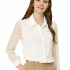 Allegra K Women's Work Office Shirt Textured Sheer Sleeve Button Down Chiffon Blouse