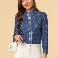 Allegra K Women's Dots Vintage Button Front Elegant Peter Pan Collar Shirt