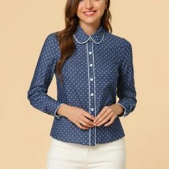 Allegra K Women's Dots Vintage Button Front Elegant Peter Pan Collar Shirt