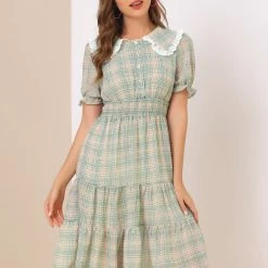 Allegra K Women's Summer Midi Dress Peter Pan Collar Smocked Ruffle Plaid Chiffon Dress