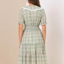 Allegra K Women's Summer Midi Dress Peter Pan Collar Smocked Ruffle Plaid Chiffon Dress