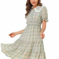 Allegra K Women's Summer Midi Dress Peter Pan Collar Smocked Ruffle Plaid Chiffon Dress