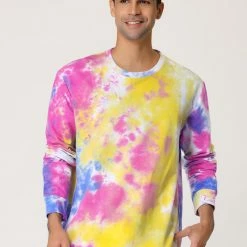 Allegra K Men's Tie Dye Sweatshirt Long Sleeves Color Block Round Neck Printed Pullover