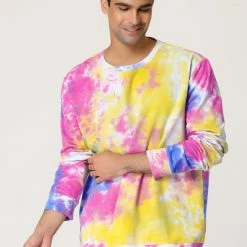 Allegra K Men's Tie Dye Sweatshirt Long Sleeves Color Block Round Neck Printed Pullover
