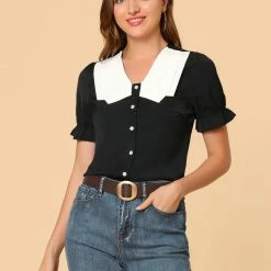 Allegra K Women's Peter Pan Collar Preppy Summer Casual Puff Short Sleeve Blouse Shirt