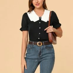 Allegra K Women's Peter Pan Collar Preppy Summer Casual Puff Short Sleeve Blouse Shirt