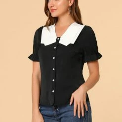 Allegra K Women's Peter Pan Collar Preppy Summer Casual Puff Short Sleeve Blouse Shirt