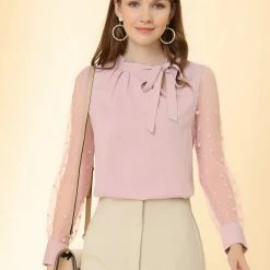 Allegra K Women's Tie Neck Work Tops Elegant Semi-Sheer Mesh Polka Dots Blouse 12 Allegra K Women's Tie Neck Work Tops Elegant Semi-Sheer Mesh Polka Dots Blouse