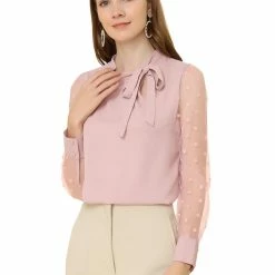 Allegra K Women's Tie Neck Work Tops Elegant Semi-Sheer Mesh Polka Dots Blouse