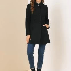 Allegra K Women's Winter Overcoat Stand Collar Single Breasted Mid-thigh Long Coat