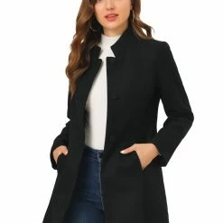 Allegra K Women's Winter Overcoat Stand Collar Single Breasted Mid-thigh Long Coat