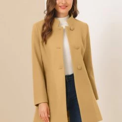 Allegra K Women's Winter Overcoat Stand Collar Single Breasted Mid-thigh Long Coat