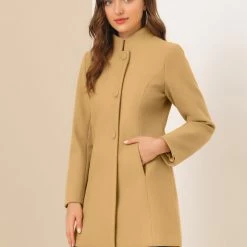 Allegra K Women's Winter Overcoat Stand Collar Single Breasted Mid-thigh Long Coat