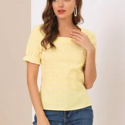 Allegra K Women's Square Neck Short Sleeve Plaid Print Blouse Tops