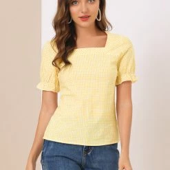 Allegra K Women's Square Neck Short Sleeve Plaid Print Blouse Tops