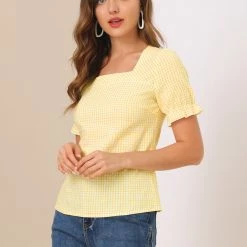 Allegra K Women's Square Neck Short Sleeve Plaid Print Blouse Tops