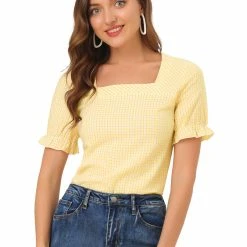 Allegra K Women's Square Neck Short Sleeve Plaid Print Blouse Tops