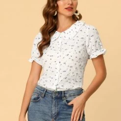 Allegra K Women's Peter Pan Collar Button Up Pearl Decor Floral Tops