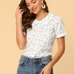 Allegra K Women's Peter Pan Collar Button Up Pearl Decor Floral Tops