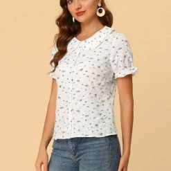 Allegra K Women's Peter Pan Collar Button Up Pearl Decor Floral Tops