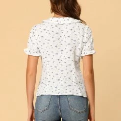 Allegra K Women's Peter Pan Collar Button Up Pearl Decor Floral Tops