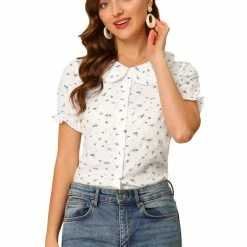 Allegra K Women's Peter Pan Collar Button Up Pearl Decor Floral Tops