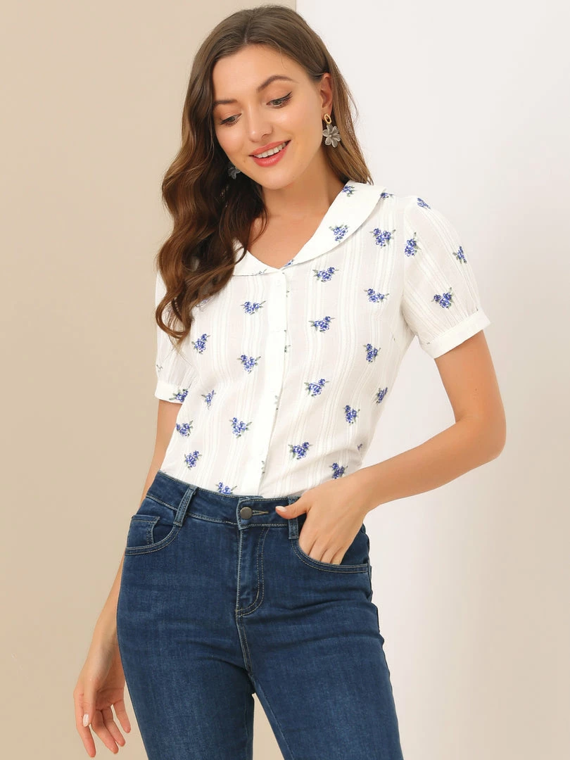 Allegra K Women's Peter Pan Collar Semi Sheer Tops Button Front Floral Shirt 5 Allegra K Women's Peter Pan Collar Semi Sheer Tops Button Front Floral Shirt