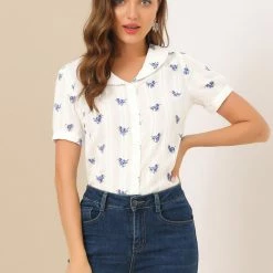 Allegra K Women's Peter Pan Collar Semi Sheer Tops Button Front Floral Shirt 12 Allegra K Women's Peter Pan Collar Semi Sheer Tops Button Front Floral Shirt