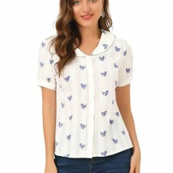 Allegra K Women's Peter Pan Collar Semi Sheer Tops Button Front Floral Shirt
