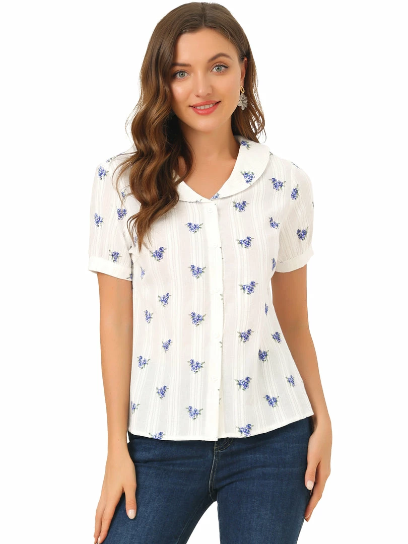 Allegra K Women's Peter Pan Collar Semi Sheer Tops Button Front Floral Shirt 4 Allegra K Women's Peter Pan Collar Semi Sheer Tops Button Front Floral Shirt