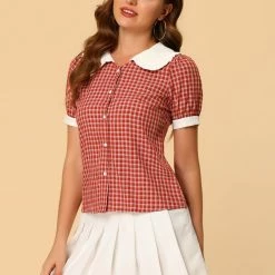 Allegra K Women's Plaid Blouse Puff Short Sleeve Ruffle Contrast Peter Pan Collar Shirt Top