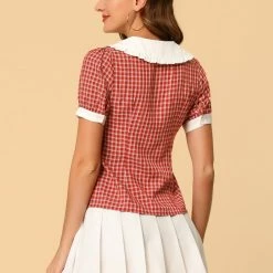 Allegra K Women's Plaid Blouse Puff Short Sleeve Ruffle Contrast Peter Pan Collar Shirt Top