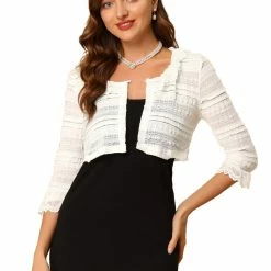 Allegra K Women's Lace Elegant Crop Cardigan 3/4 Sleeve Ruffle Bolero Shrug Top