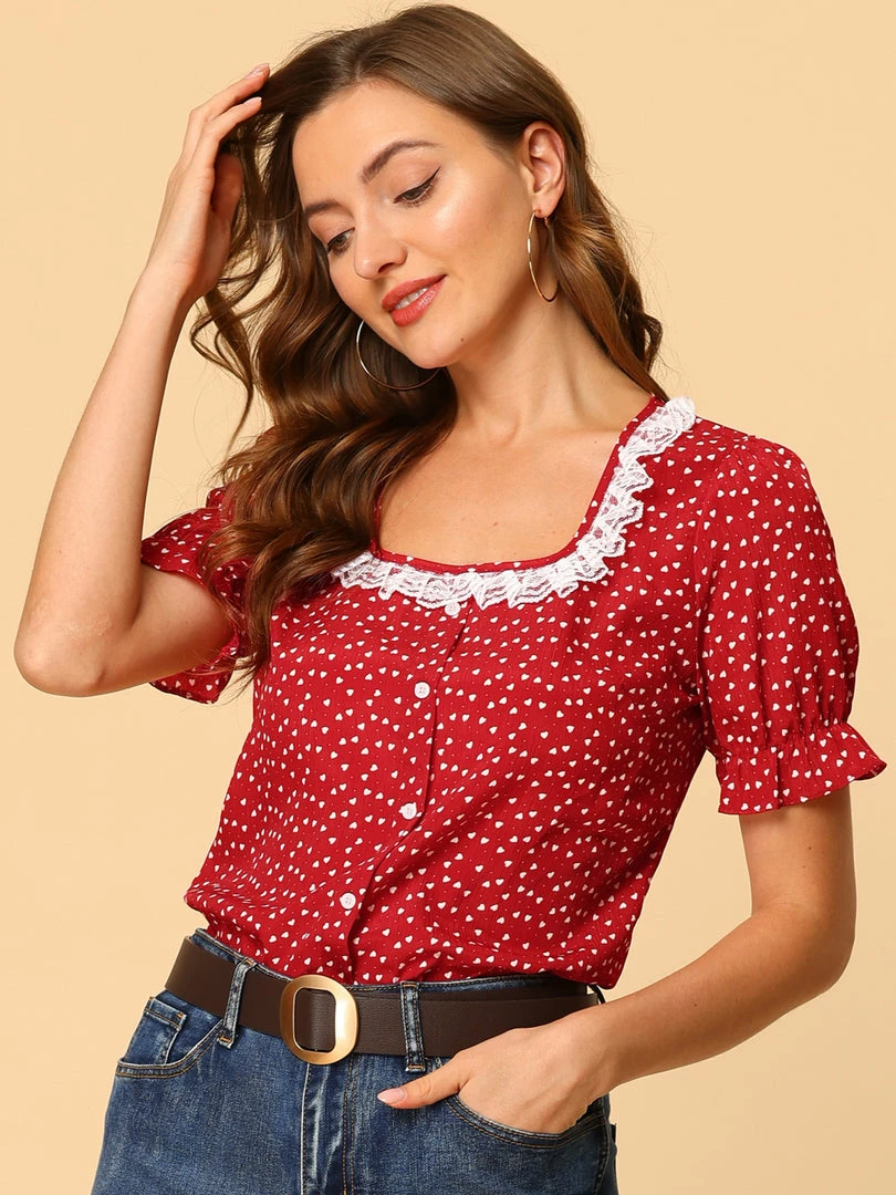 Allegra K Women's Valentine's Day Square Neck Button Ruffle Sleeve Love Heart Printed Blouse Top 5 Allegra K Women's Valentine's Day Square Neck Button Ruffle Sleeve Love Heart Printed Blouse Top